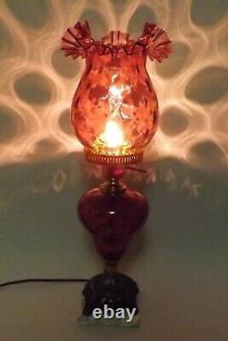 Vintage Fenton Lamp Cranberry Thumbprint Coin Dot Optic Table Lamp Crimped Edge