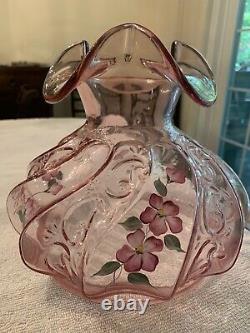 Vintage Fenton Lamp with Pink Ruffled Art Glass Shade, Hand-Painted and Signed'S