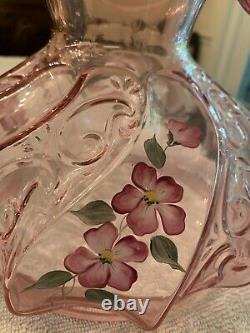 Vintage Fenton Lamp with Pink Ruffled Art Glass Shade, Hand-Painted and Signed'S
