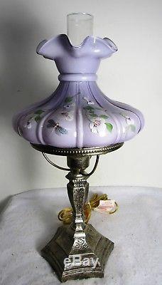Vintage Fenton Lavender Lamp Hand Painted Flowers Signed S Miller