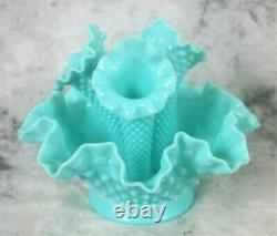 Vintage Fenton Light Aqua Blue Milk Glass Hobnail 3 Arm Epergne Lily Horn Vase