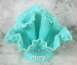 Vintage Fenton Light Aqua Blue Milk Glass Hobnail 3 Arm Epergne Lily Horn Vase