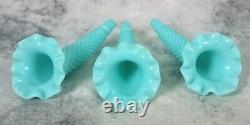 Vintage Fenton Light Aqua Blue Milk Glass Hobnail 3 Arm Epergne Lily Horn Vase