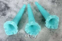 Vintage Fenton Light Aqua Blue Milk Glass Hobnail 3 Arm Epergne Lily Horn Vase