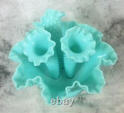 Vintage Fenton Light Aqua Blue Milk Glass Hobnail 3 Arm Epergne Lily Horn Vase