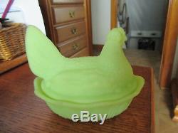 Vintage Fenton Lime Green Satin Glass Hen Chicken on Nest Covered Dish signed