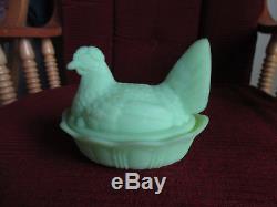 Vintage Fenton Lime Green Satin Glass Hen Chicken on Nest Covered Dish signed