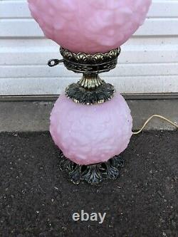 Vintage Fenton Oil Lamp With Pink Puffy Poppy Flowers Rose Large Size Rare