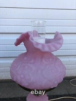 Vintage Fenton Oil Lamp With Pink Puffy Poppy Flowers Rose Marble Base Rare