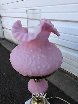 Vintage Fenton Oil Lamp With Pink Puffy Poppy Flowers Rose Marble Base Rare