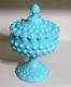 Vintage Fenton Pastel Turquoise Blue Hobnail Candy Dish With LID Circa 1970's