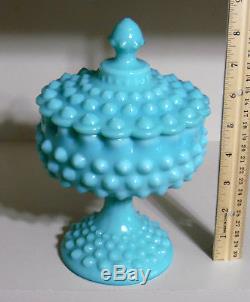 Vintage Fenton Pastel Turquoise Blue Hobnail Candy Dish With LID Circa 1970's