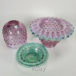 Vintage Fenton Pink Carnival Glass Hobnail Lamp 3 Piece Ruffle Fairy Lamp Mint
