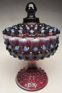 Vintage Fenton Plum Opalescent Hobnail #3887PO Covered Candy Comport 1959 1961