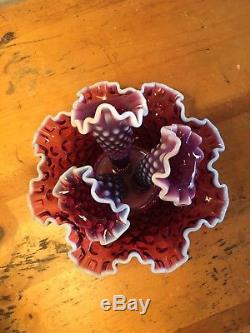 Vintage Fenton Plum Opalescent Hobnail 4-piece Flower Vase Epergne Beautiful