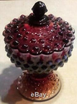Vintage Fenton Plum Opalescent Hobnail Covered Candy Dish Compote Lidded Comport