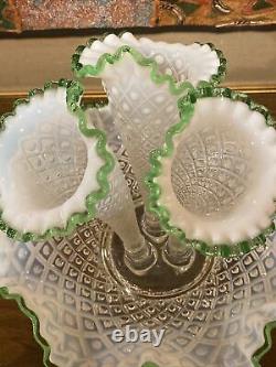 Vintage Fenton Ruffled Hobnail 3 Horn Epergne Milk Glass With Green Trim 3 Vases