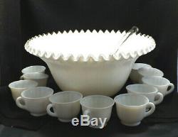 Vintage Fenton Silver Crest White Milk Glass Punch Bowl, Ladle and 11 Cups