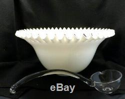 Vintage Fenton Silver Crest White Milk Glass Punch Bowl, Ladle and 11 Cups