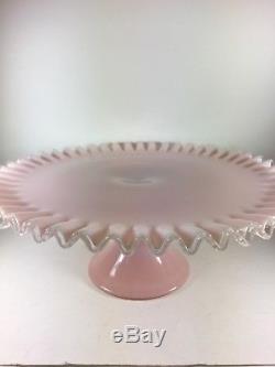 Vintage Fenton Silver Rose Crest Pink Milk Art Glass Pedestal Cake Stand