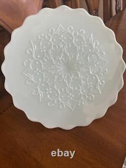 Vintage Fenton Spanish Lace Turquoise Milk Glass Cake Plate Stand 12 3/4 Inches