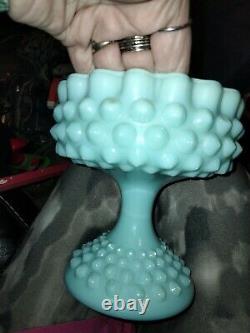 Vintage- Fenton Turquoise Aqua Hobnail Milk Glass Pedestal Compote/candy Dish