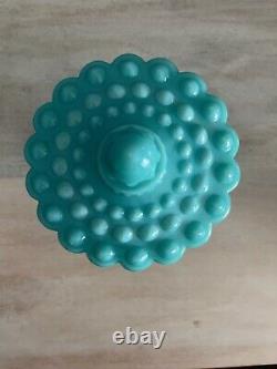 Vintage Fenton Turquoise Blue Milk Glass Hobnail Pedestal Candy Dish LID