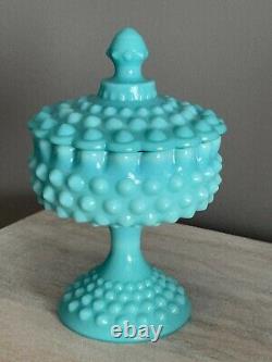 Vintage Fenton Turquoise Blue Milk Glass Hobnail Pedestal Candy Dish LID