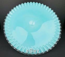 Vintage Fenton Turquoise Blue Silver Crest Pedestal Cake Plate Stand 13 EUC