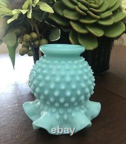 Vintage Fenton Turquoise Milk Glass Hobnail Ball Vase Ruffled 4 1/2
