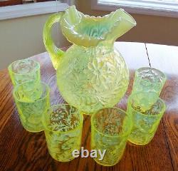 Vintage Fenton Vaseline Glass Topaz Opalescent Daisy & Fern Pattern Pitcher &