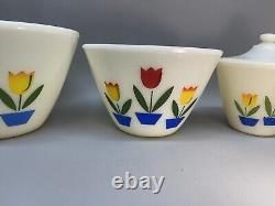 Vintage Fire King Tulip Print 4-Pc Milk Glass Nesting Bowl Set