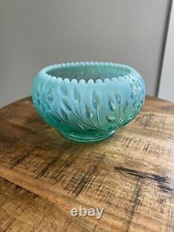 Vintage Floral Bowl Collectible Fenton Heavy Teal Green Sawtooth Etched Bowl