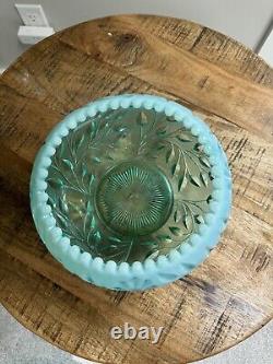 Vintage Floral Bowl Collectible Fenton Heavy Teal Green Sawtooth Etched Bowl