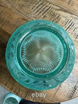 Vintage Floral Bowl Collectible Fenton Heavy Teal Green Sawtooth Etched Bowl