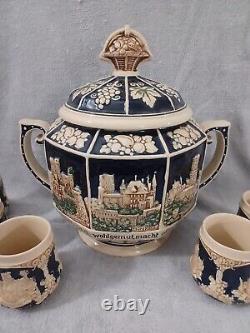 Vintage German Castles Punch Bowl Set with 5 Cups Beautiful