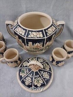 Vintage German Castles Punch Bowl Set with 5 Cups Beautiful