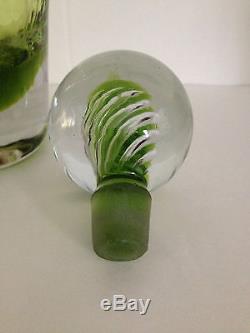 Vintage Hand Blown BLENKO Glass Decanter with Air Twist Stopper Olive Green 1960s