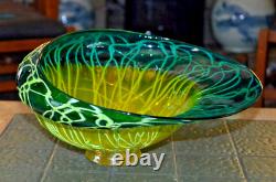 Vintage Handblown 16 X 13X8 Art Glass Centerpiece Bowl Vase Shades Of Green