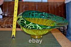 Vintage Handblown 16 X 13X8 Art Glass Centerpiece Bowl Vase Shades Of Green