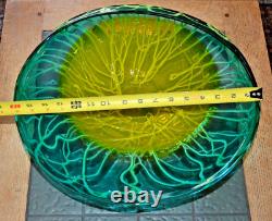Vintage Handblown 16 X 13X8 Art Glass Centerpiece Bowl Vase Shades Of Green