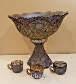 Vintage Imperial Whirling Star Smoke Peacock Carnival Glass Punch Bowl & 3 Cups