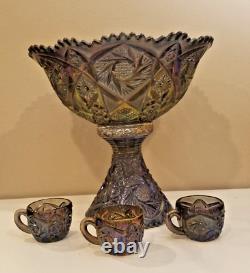 Vintage Imperial Whirling Star Smoke Peacock Carnival Glass Punch Bowl & 3 Cups