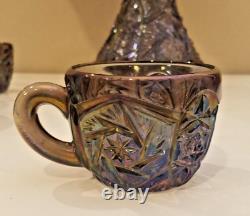 Vintage Imperial Whirling Star Smoke Peacock Carnival Glass Punch Bowl & 3 Cups