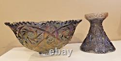 Vintage Imperial Whirling Star Smoke Peacock Carnival Glass Punch Bowl & 3 Cups