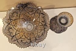 Vintage Imperial Whirling Star Smoke Peacock Carnival Glass Punch Bowl & 3 Cups