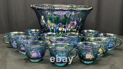 Vintage Indiana Glass Iridescent Blue Harvest Carnival Glass Punch Bowl Set 13