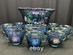 Vintage Indiana Glass Iridescent Blue Harvest Carnival Glass Punch Bowl Set 13