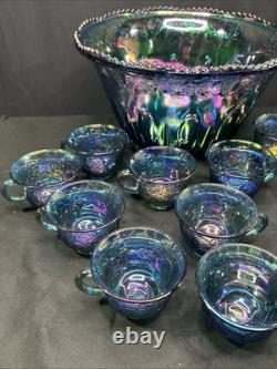 Vintage Indiana Glass Iridescent Blue Harvest Carnival Glass Punch Bowl Set 13