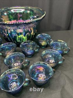 Vintage Indiana Glass Iridescent Blue Harvest Carnival Glass Punch Bowl Set 13